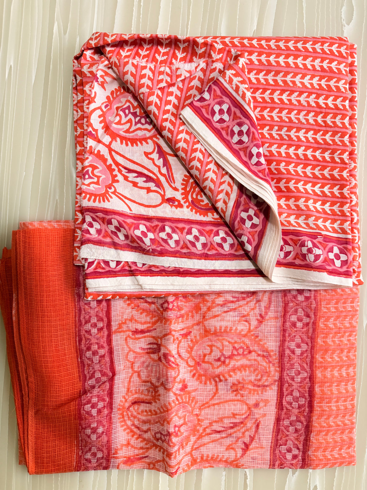 Orange Red Printed Semi-Stitched Suit with Dupatta
