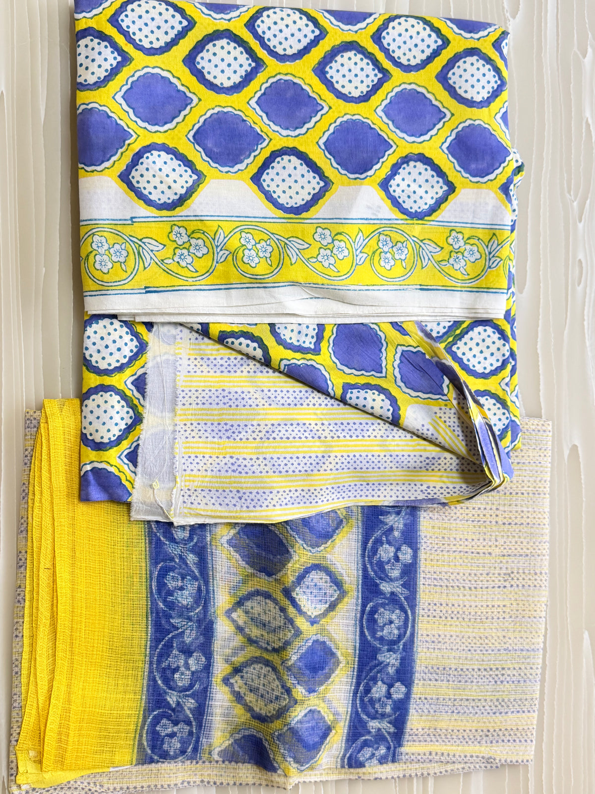 Yellow Blue Geometric Print Semi-Stitched Suit with Dupatta