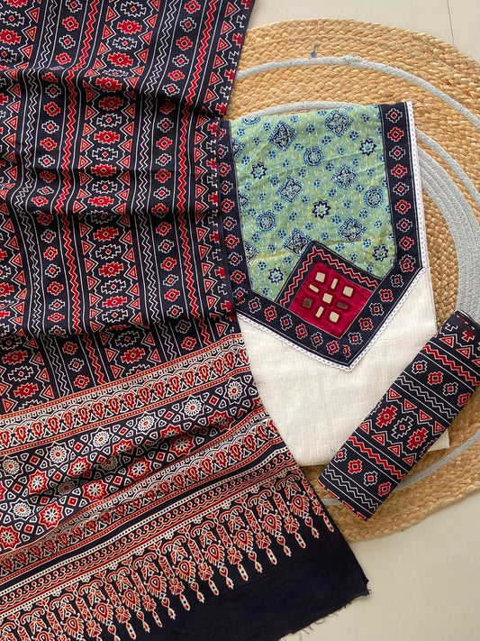 Ajrakh Mirror Work & Kantha Cotton Unstitched Suit Set