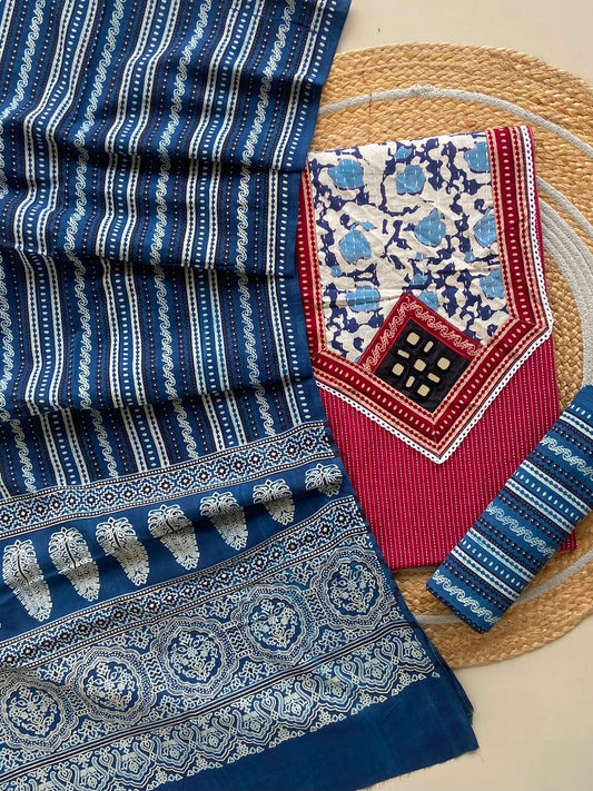 Ajrakh Mirror Work & Kantha Cotton Unstitched Suit Set
