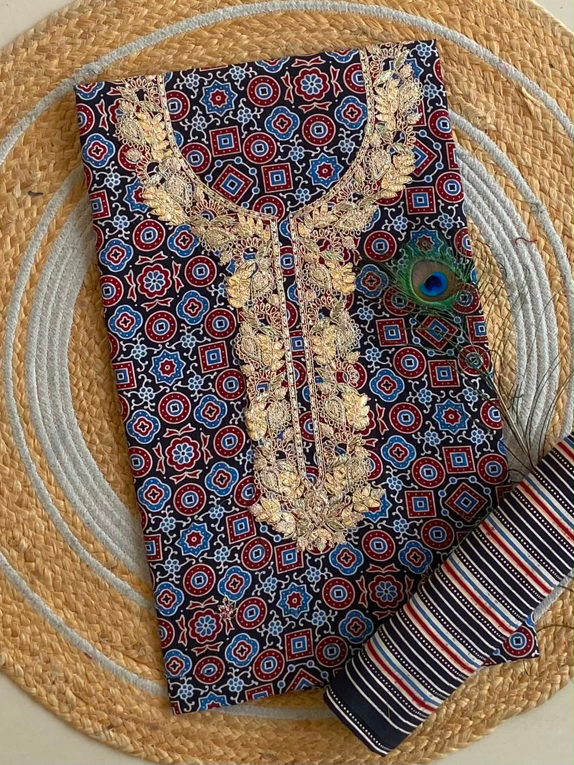 Indigo Hand-Embroidered Cotton Ajrakh Print Top & Bottom Combo