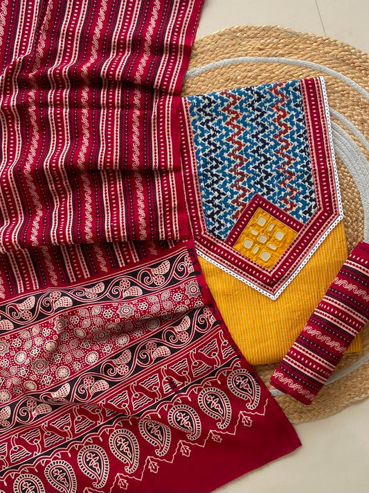 Ajrakh Mirror Work & Kantha Cotton Unstitched Suit Set