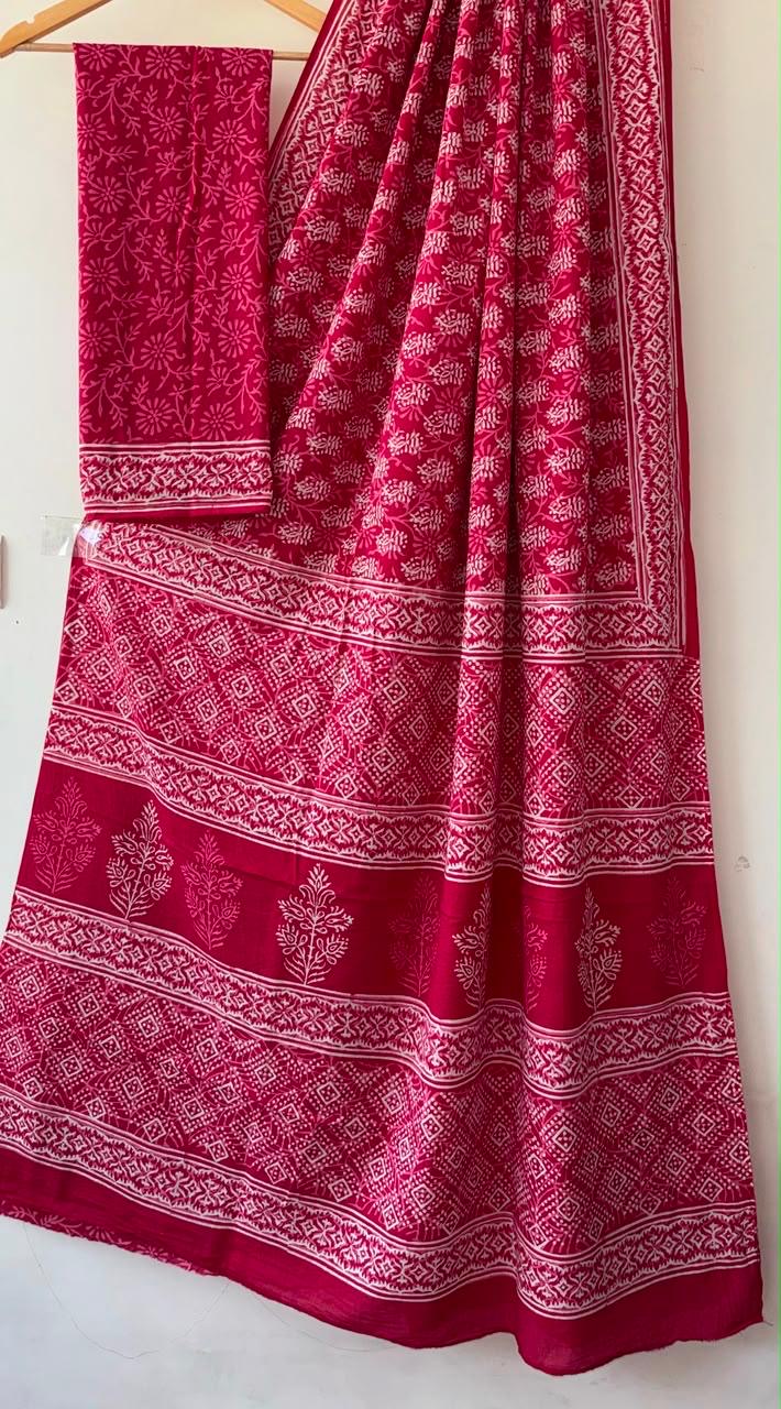 Pink Hand Block Printed Cotton Saree