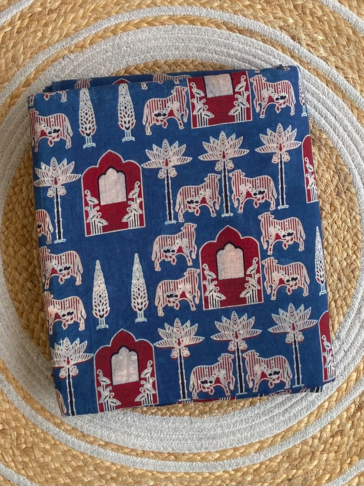 Indie Blue Pichwai Printed Cotton Fabric