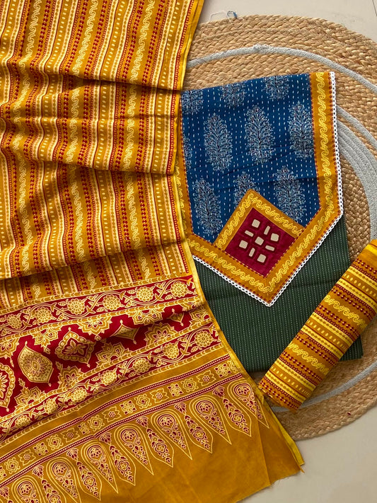 Ajrakh Mirror Work & Kantha Cotton Unstitched Suit Set