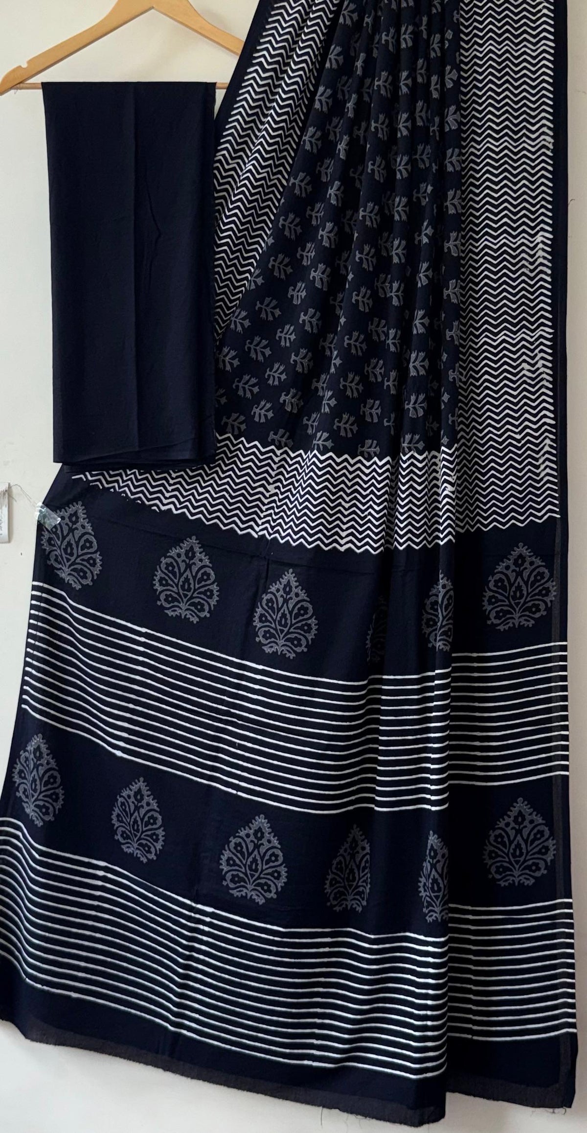 Black Hand Block Printed Cotton Saree
