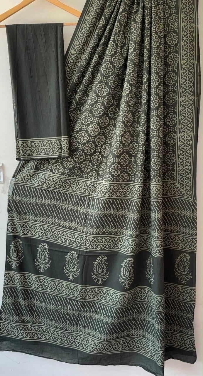 Green Hand Block Printed Cotton Saree