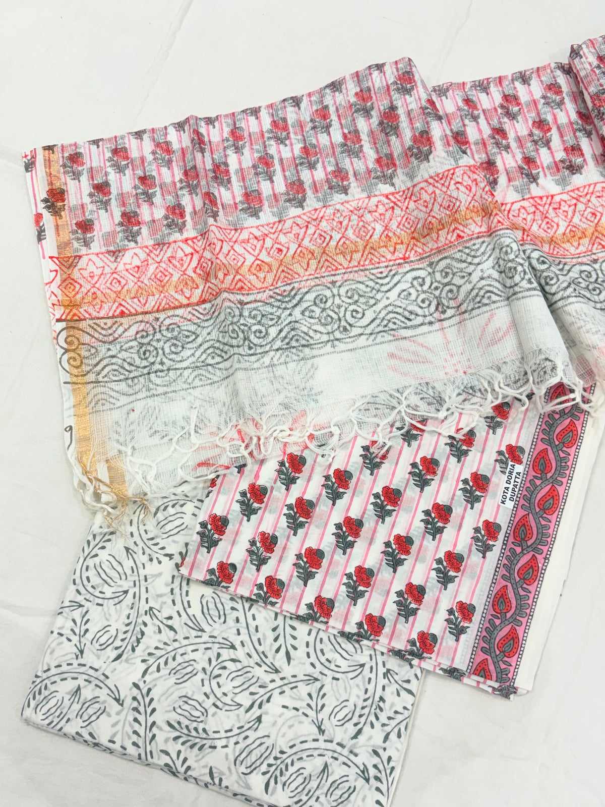 White Red Block Print Semi-Stitched Suit with Dupatta