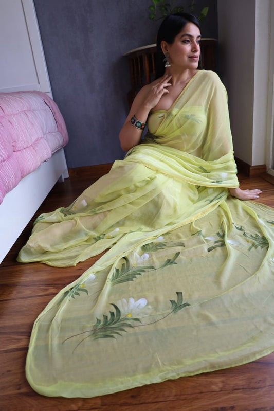 Lime Green Floral Organza Saree
