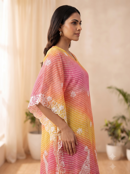 Yellow & Pink Lehriya Chikankari Embroidery Kaftan Midi Dress