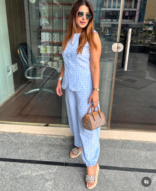Blue Checked Sleeveless Co-Ord Set