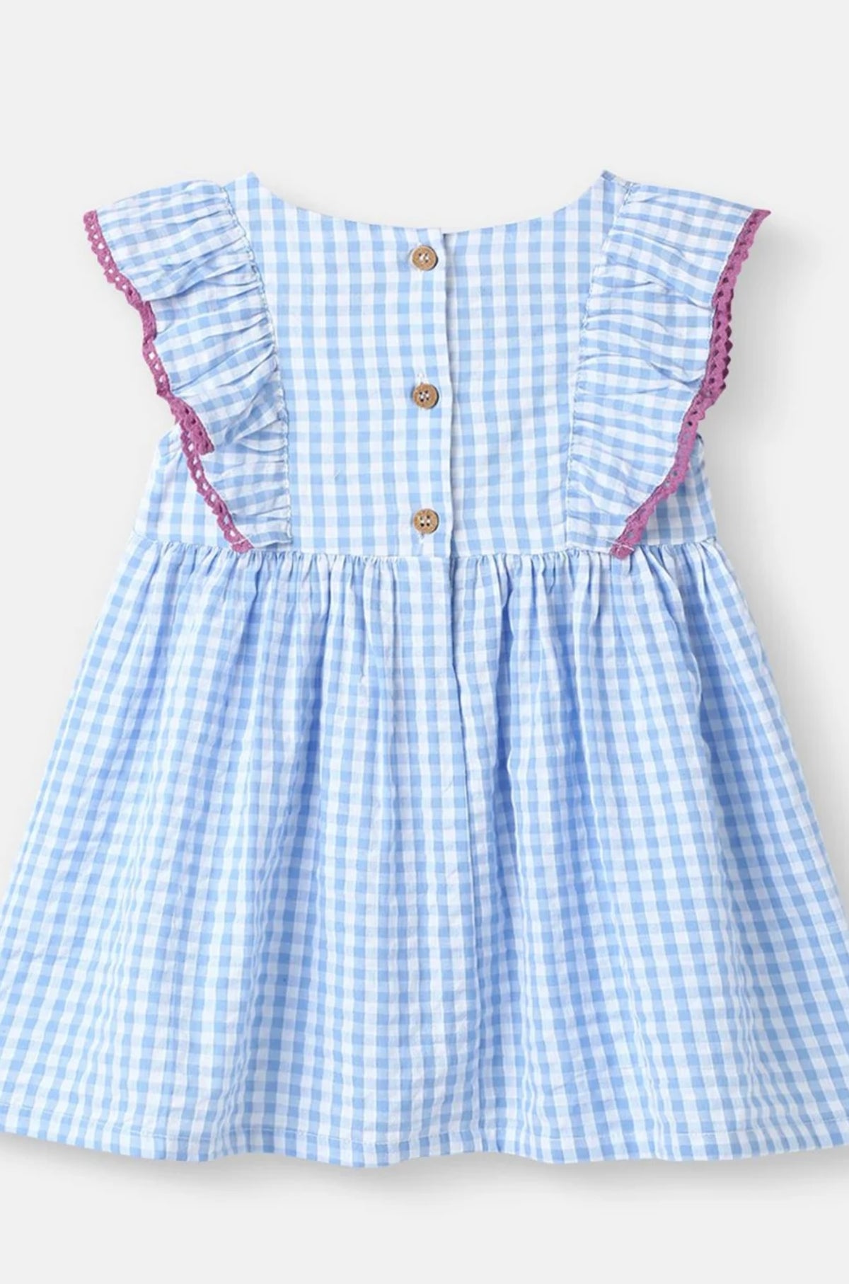 Sky Blue Gingham Embroidery Cotton Dress for Girls
