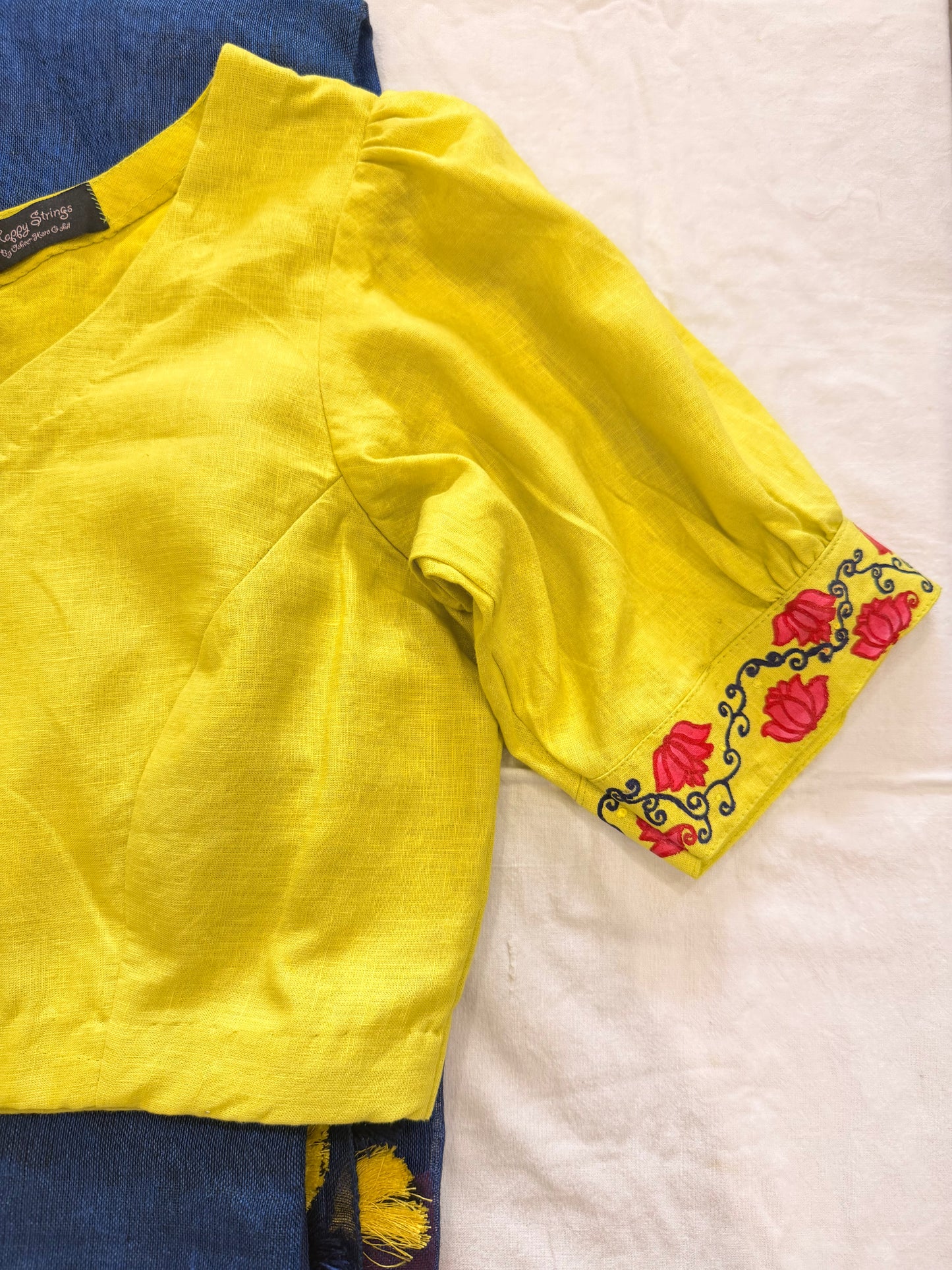 Hand-Painted Peacock & Lotus Yellow Pure Linen Blouse with Saree Set