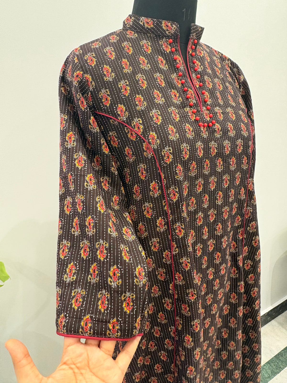 Embellished Brown Floral Printed Straight Kurti