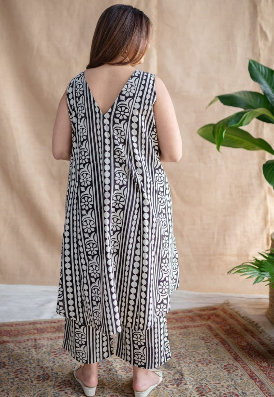 Black White Printed Cotton Kurta Palazzo Set