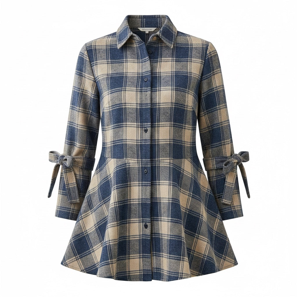 Navy Beige Checked Cotton Peplum Shirt Top