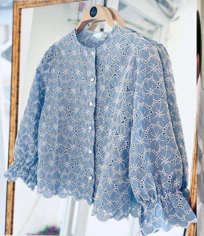Powder Blue Floral Eyelet Cotton Shirt Top