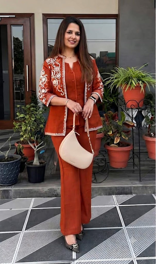 Rust Embroidered 3 Piece Co-ord Set