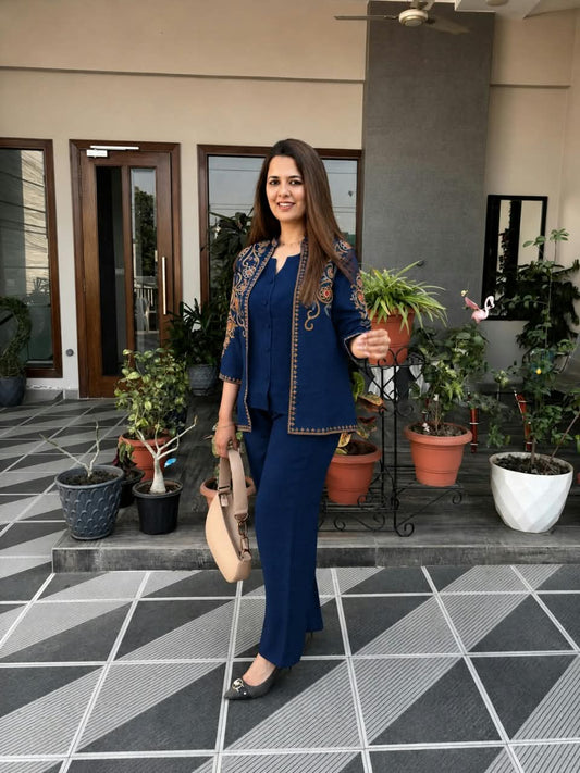 Blue Embroidered 3 Piece Co-ord Set