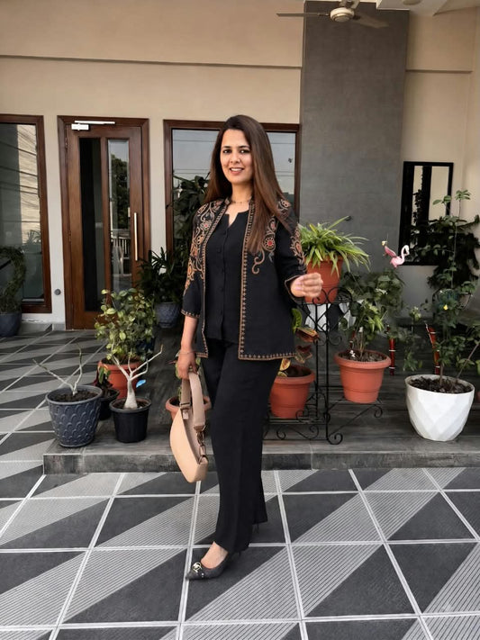 Black Embroidered 3 Piece Co-ord Set