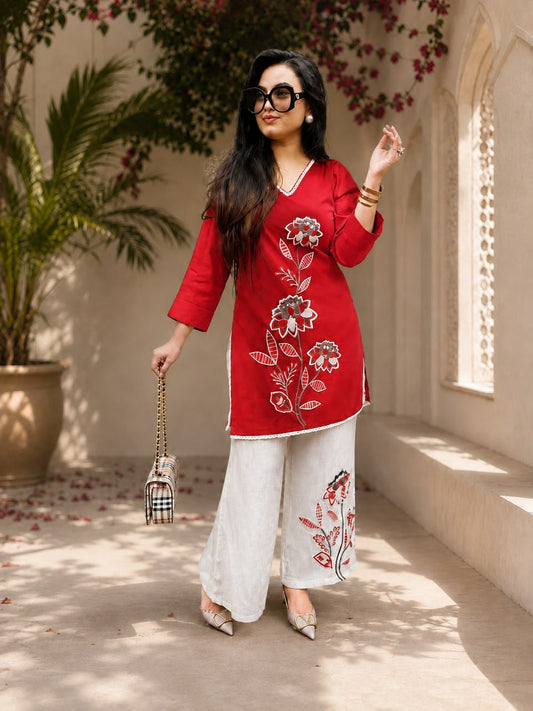Vibrant Crimson Red Embroidered Kurti Set