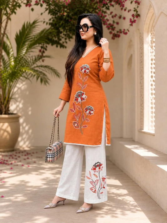 Warm Rust Orange Premium Embroidered Co-ord Set