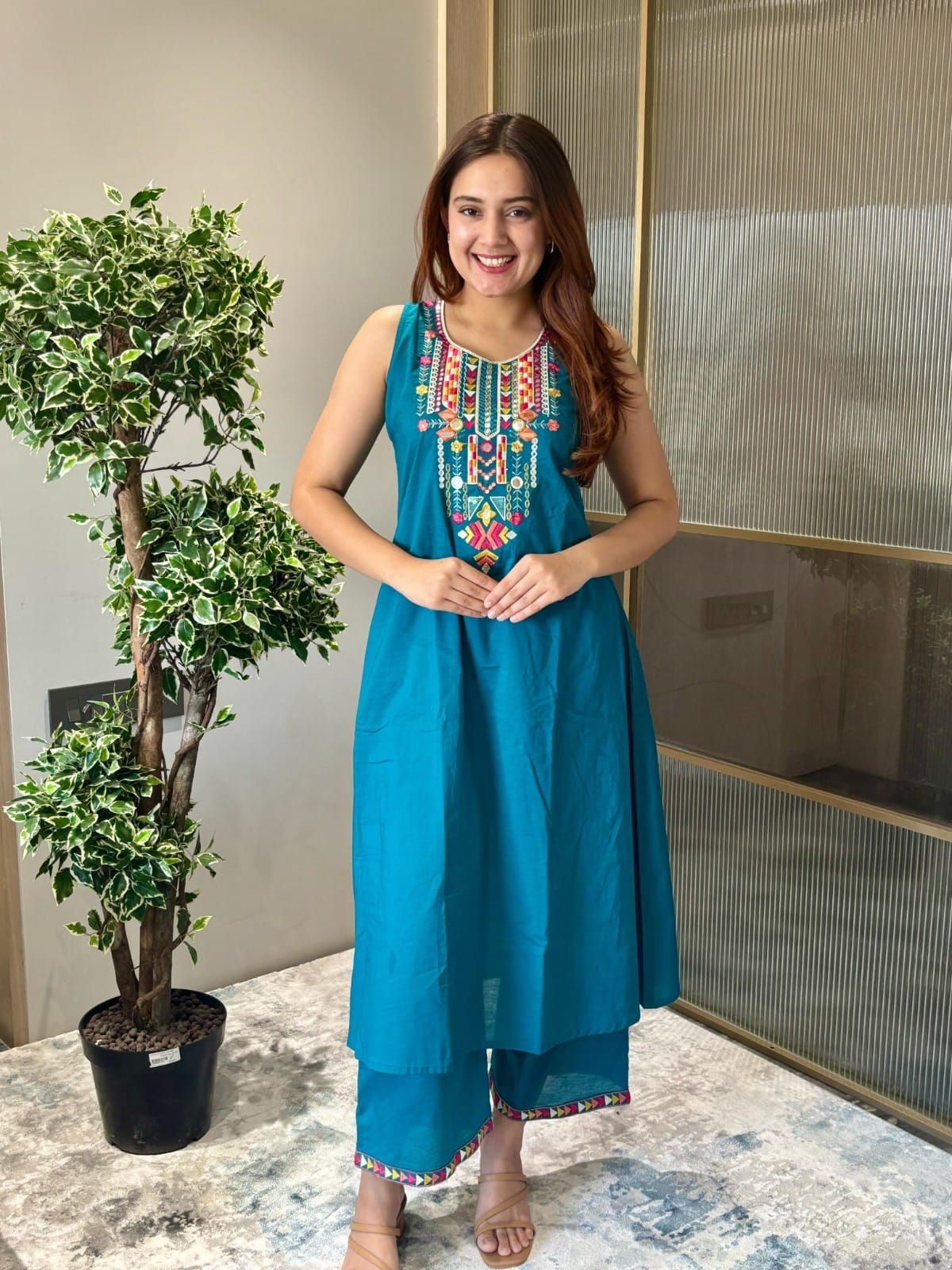 Teal Blue Embroidered Sleeveless Kurta & Co-ord Set
