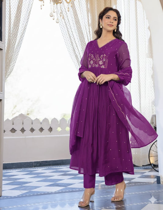 Classy Pure Cotton Purple Embroidered Anarkali Set