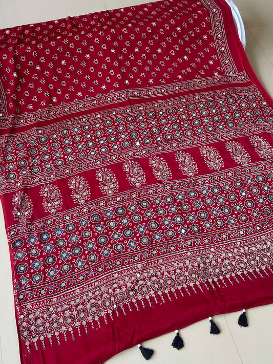 Premium Maroon Red Ajrakh Handblock Printed Modhal Silk Saree