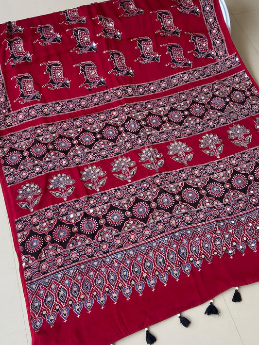 Premium Red Ajrakh Handblock Printed Modhal Silk Saree