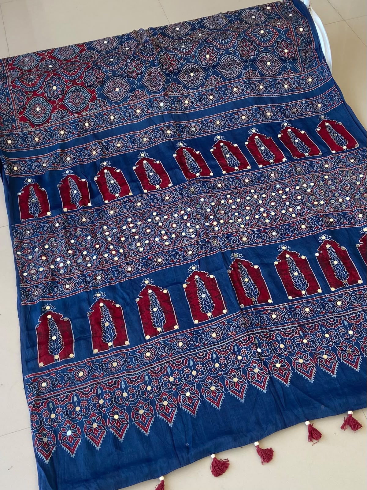 Premium Blue Ajrakh Handblock Printed Modhal Silk Saree