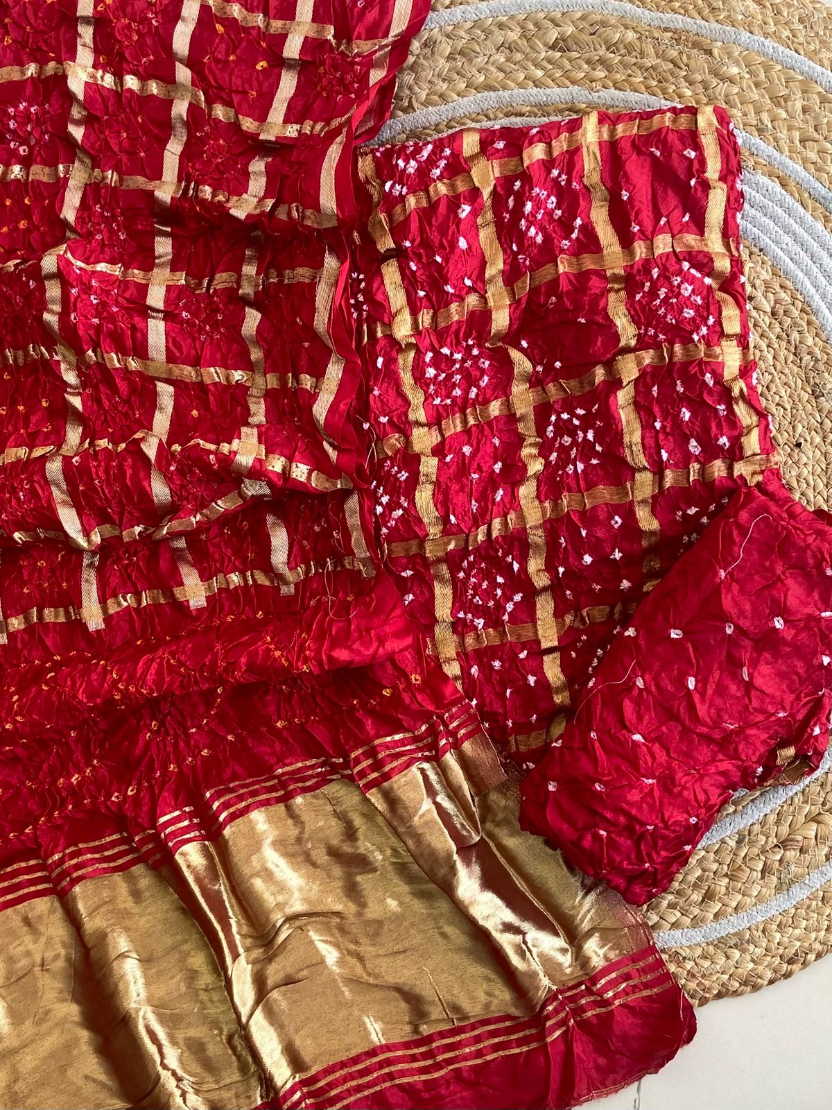 Red Hand Bandhani Art Silk Ghatcola suit