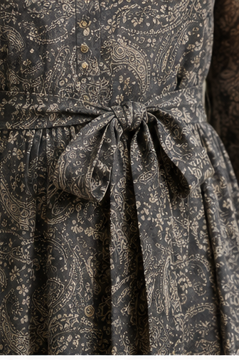 Charcoal Grey Paisley Print Belted Midi Dress for Women