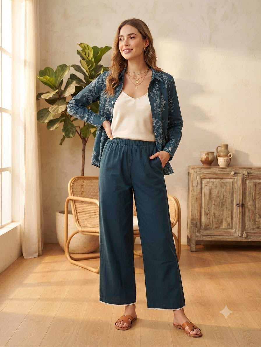 Blue Elegant Geometric Cotton Co-ord Set