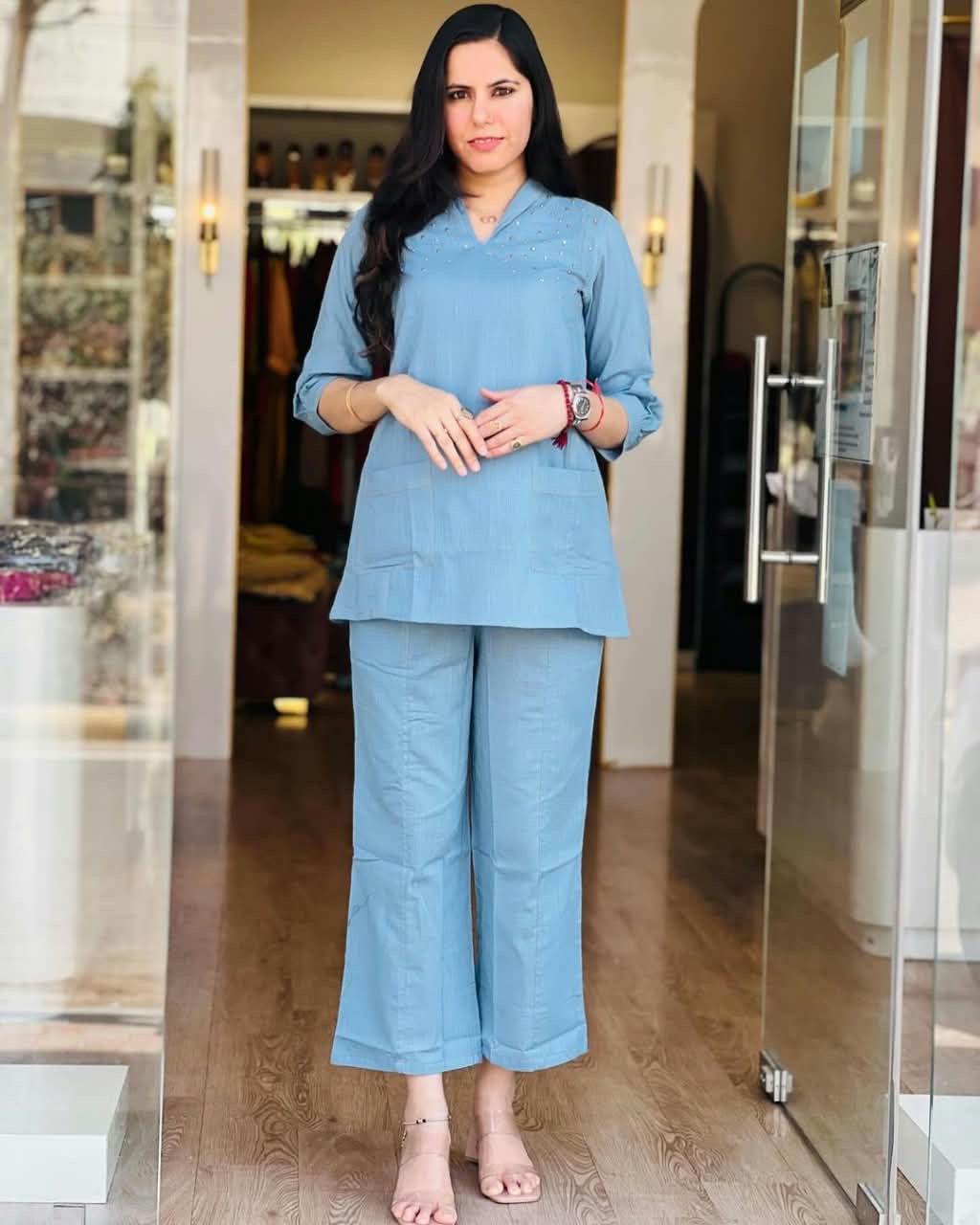 Powder Blue Contrast Stitch Co-ord Set with Pearl Detailing