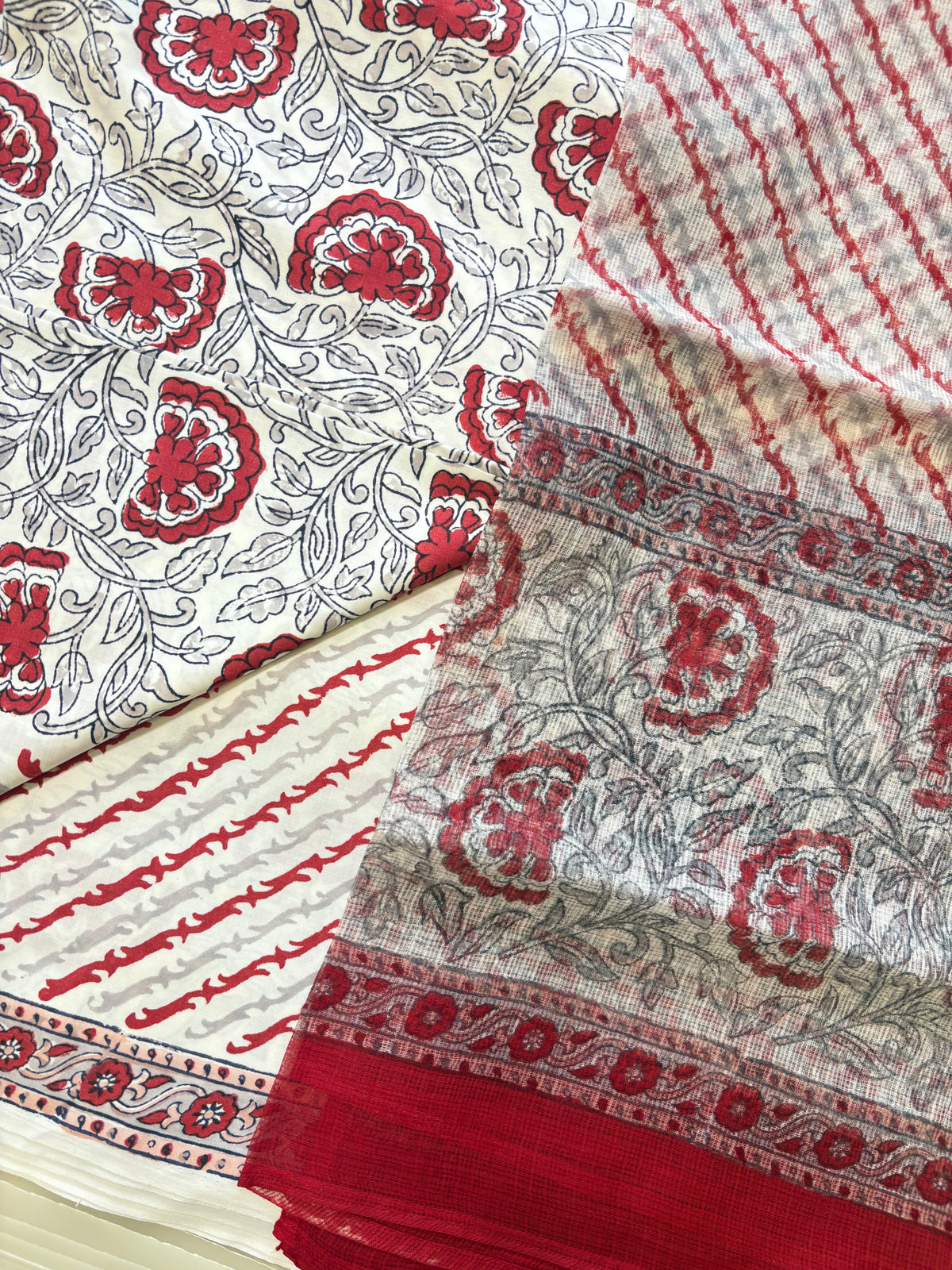 Ivory Red Floral Printed Semi-Stitched Suit with Dupatta