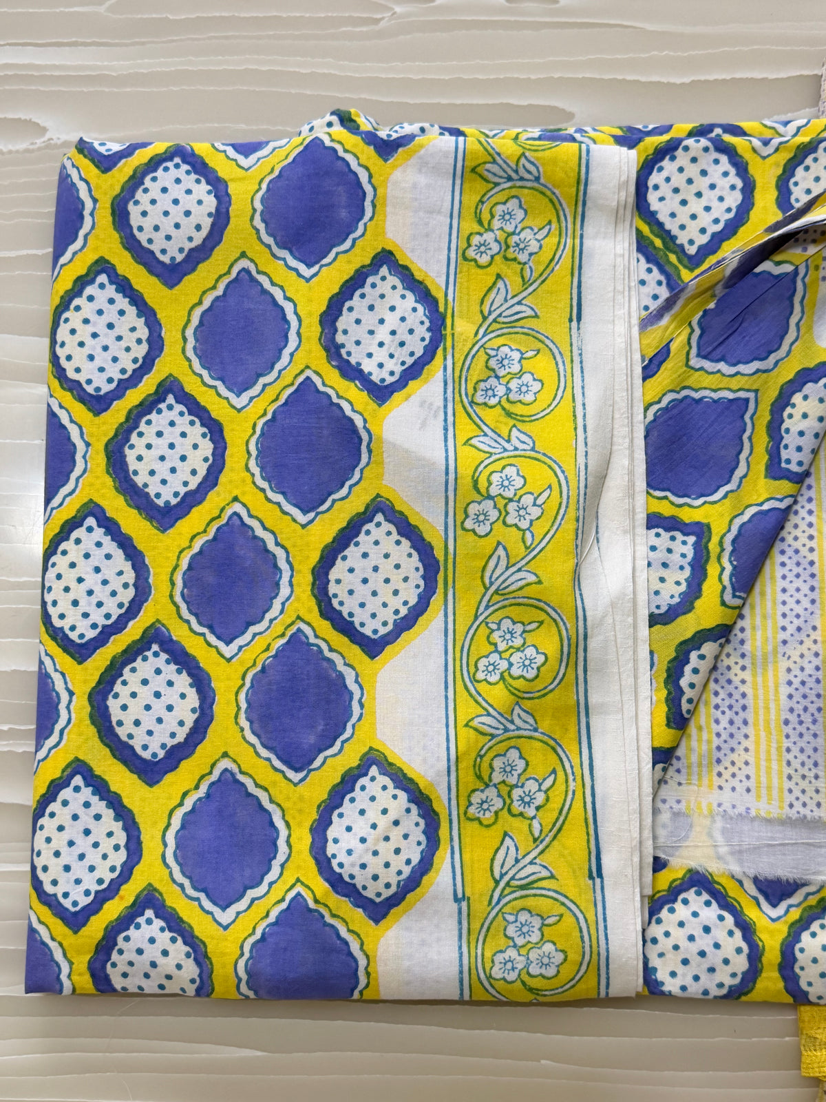 Yellow Blue Geometric Print Semi-Stitched Suit with Dupatta