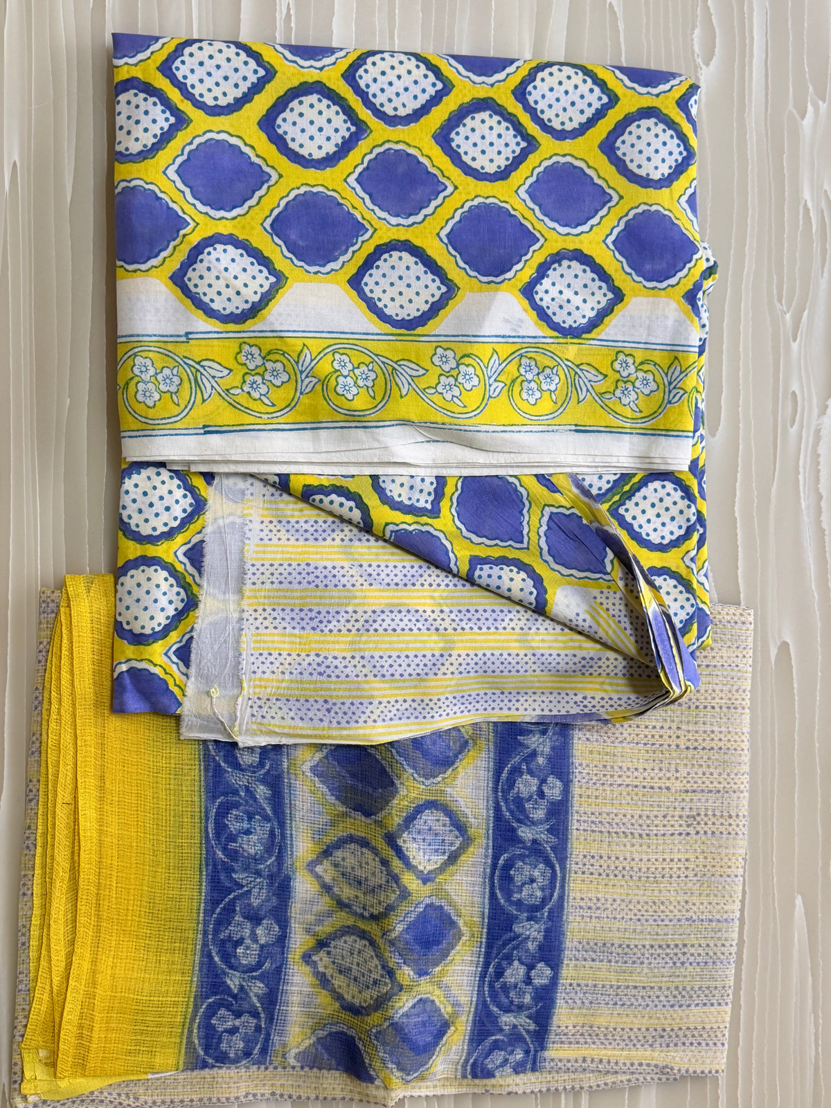Yellow Blue Geometric Print Semi-Stitched Suit with Dupatta