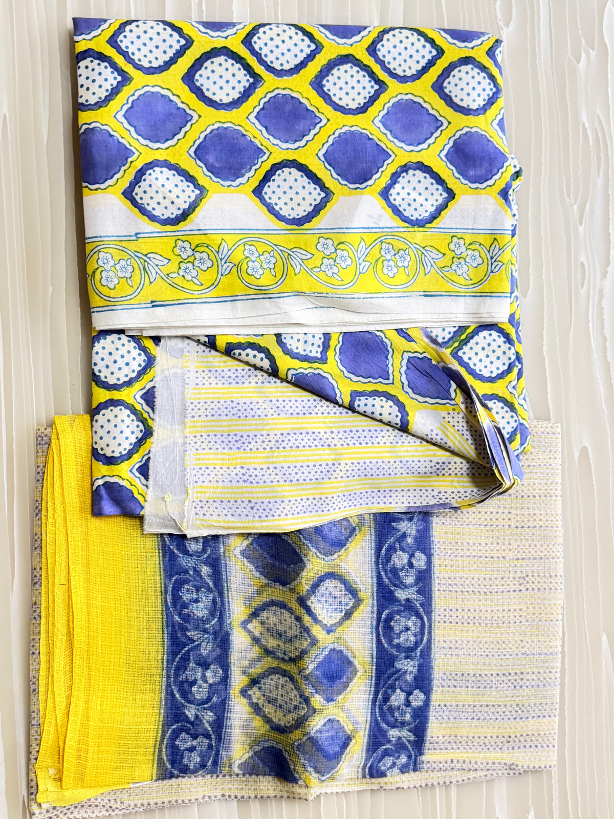 Yellow Blue Geometric Print Semi-Stitched Suit with Dupatta