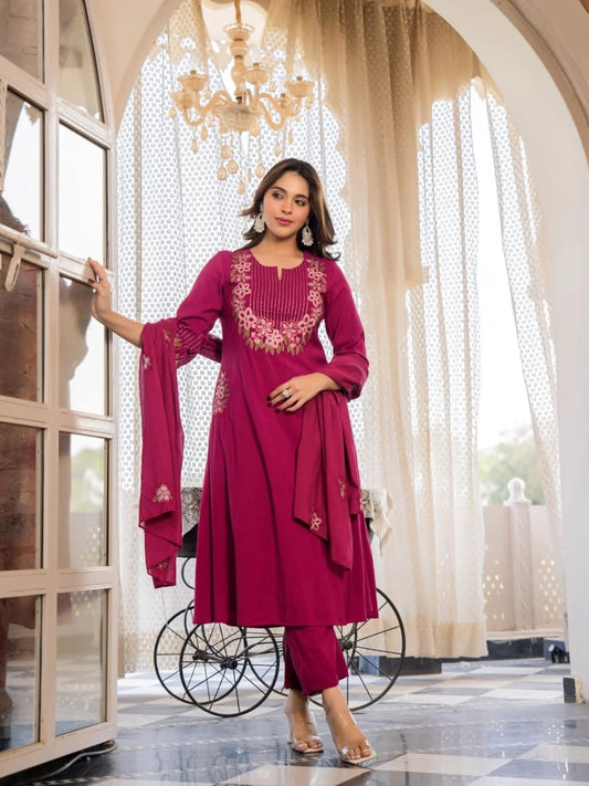 Wine Premium Embroidered Cotton Suit Set with Pockets