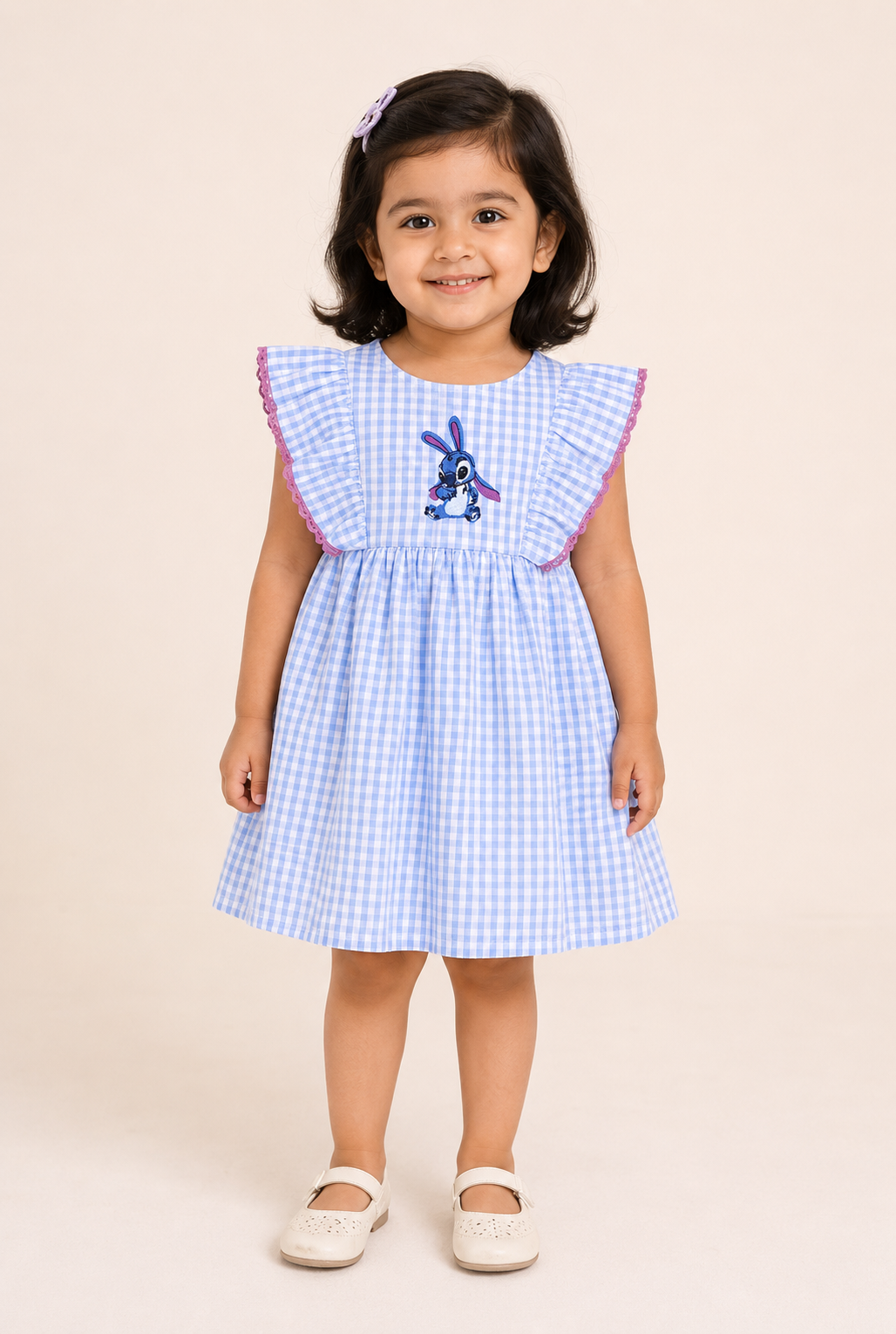 Sky Blue Gingham Embroidery Cotton Dress for Girls