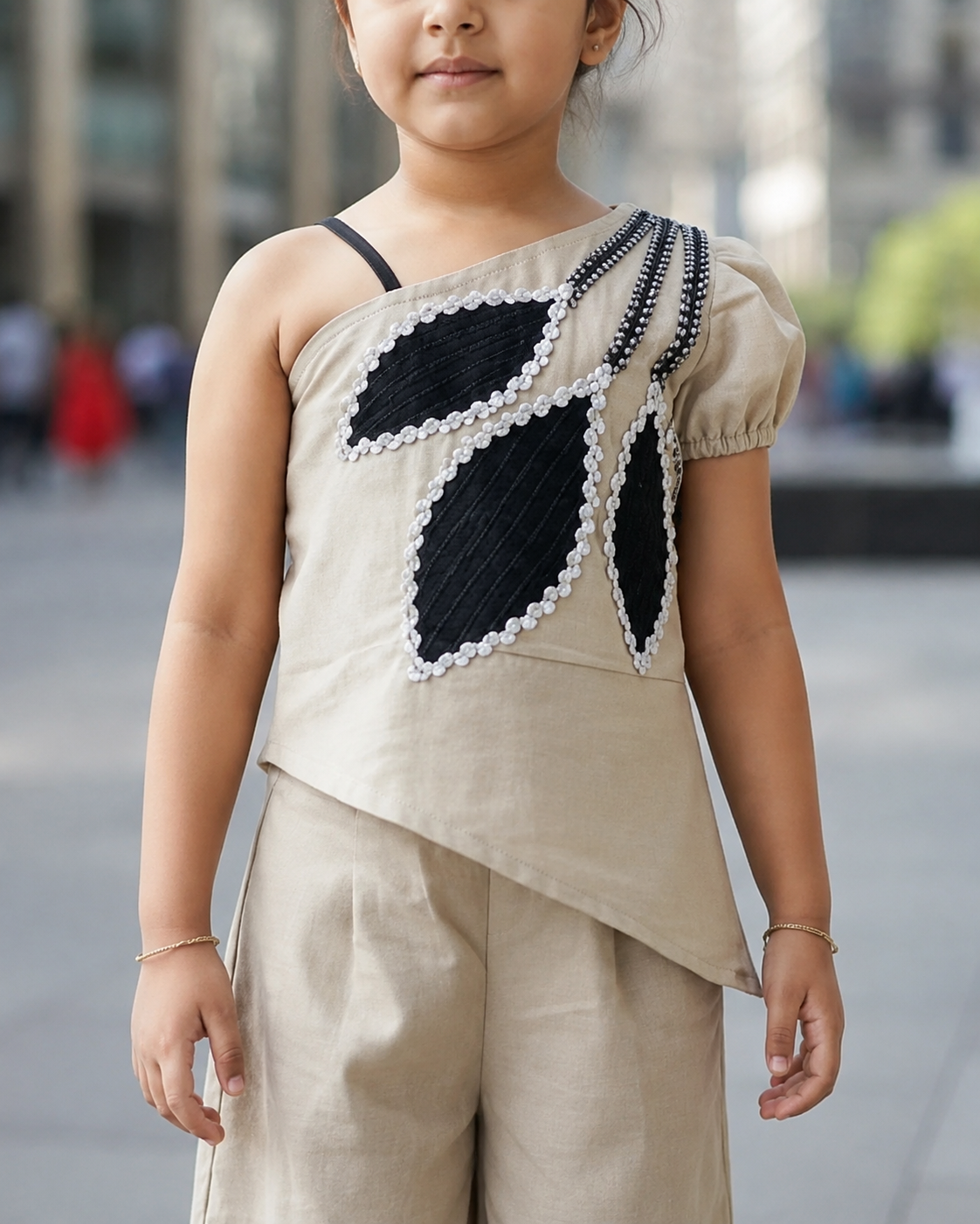 Beige Black Leaf Appliqué Co-ord Set for Girls