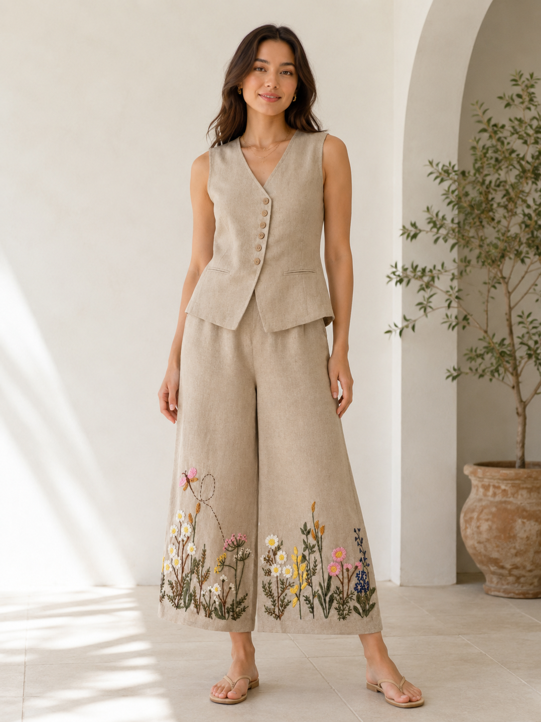 Beige Embroidered Vest and Palazzo Co-ord Set