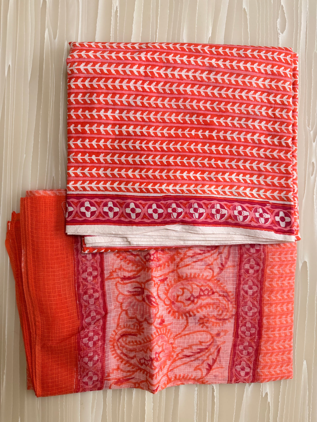 Orange Red Printed Semi-Stitched Suit with Dupatta