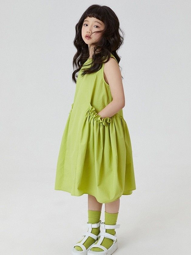 Girls' Lime Green Ruched-Pocket Bubble Dress