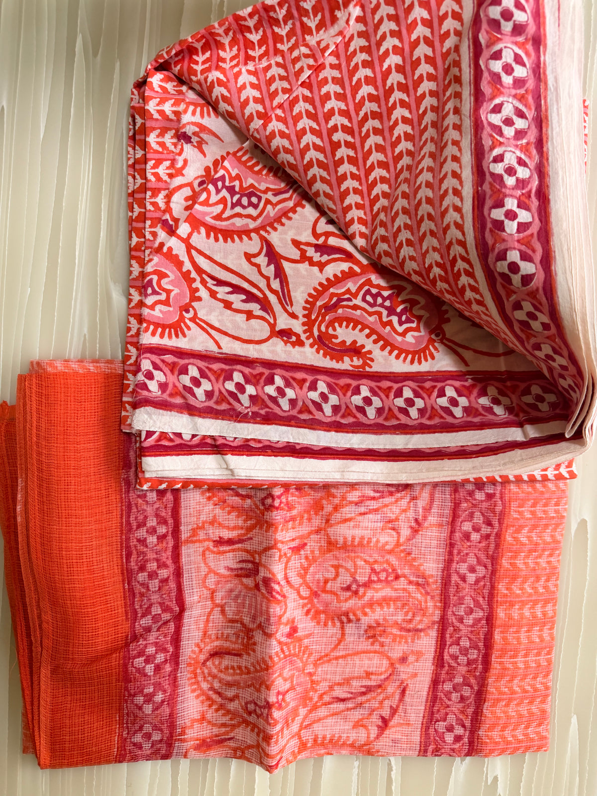 Orange Red Printed Semi-Stitched Suit with Dupatta