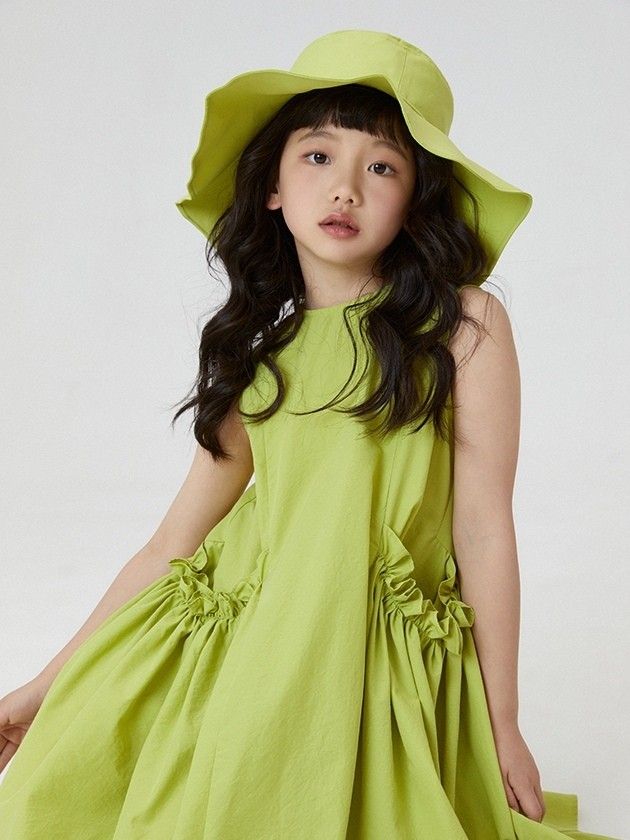 Girls' Lime Green Ruched-Pocket Bubble Dress