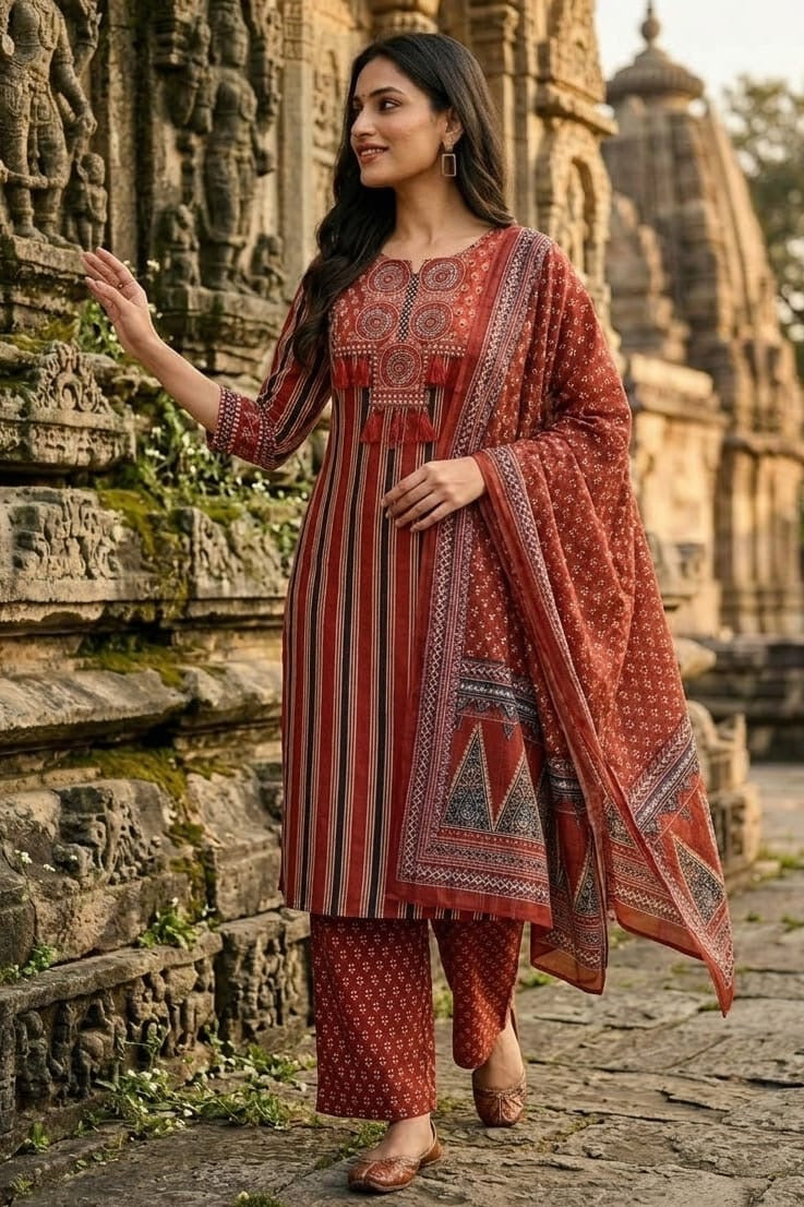 Rust Red Printed Kurta Set with Tassels & Dupatta