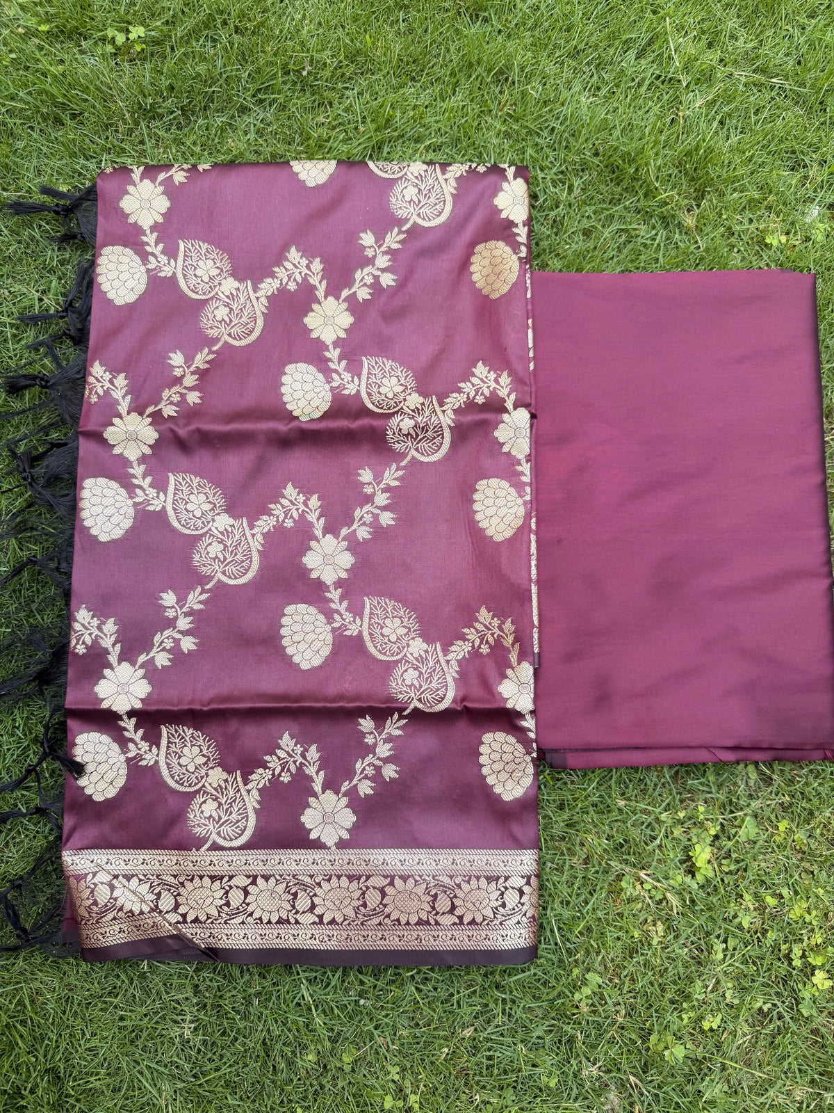Dusty Mauve Gold Floral Semi-Stitched Suit with Dupatta