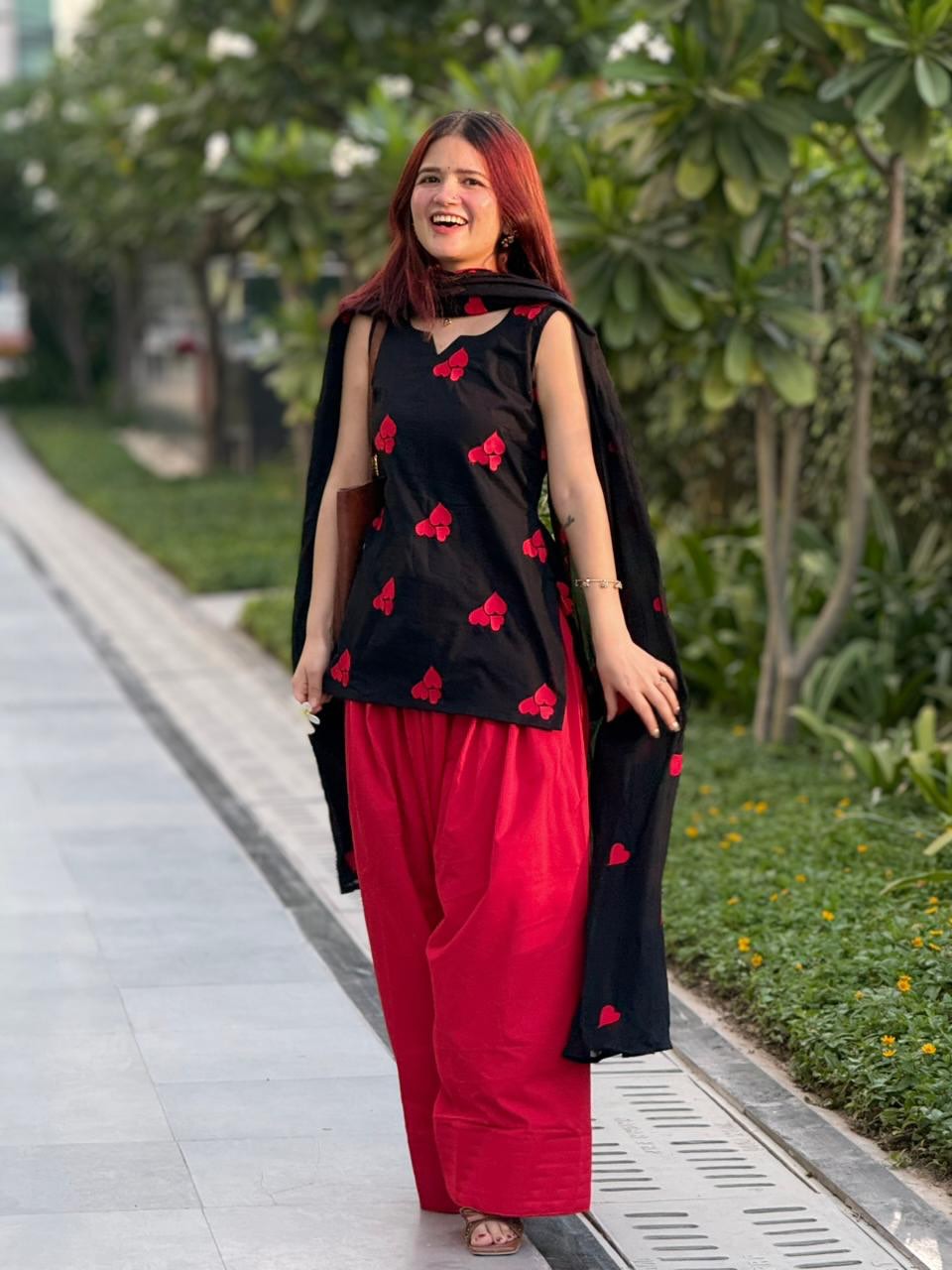 Black & Red Heart Embroidered Short Kurti Set with Farshi Salwar & Dupatta
